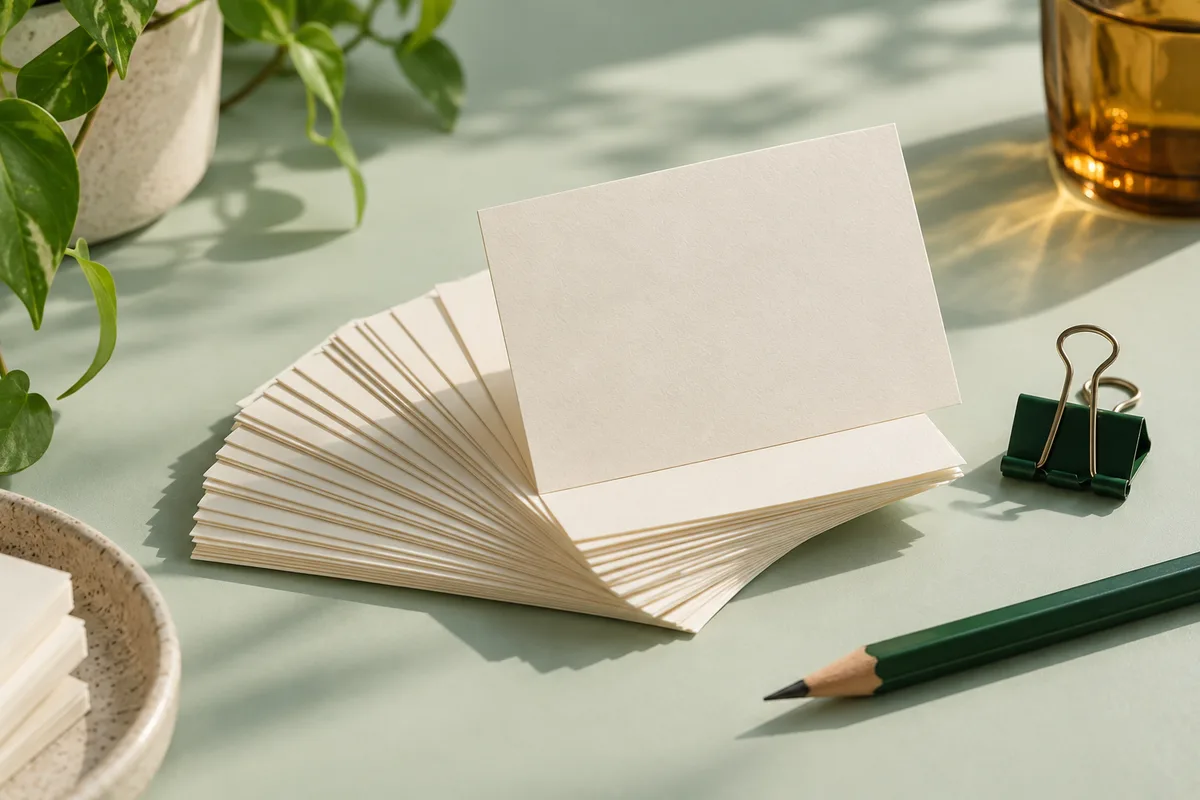 Blank ivory index cards, a forest-green clip and a pencil on a pale mint desk