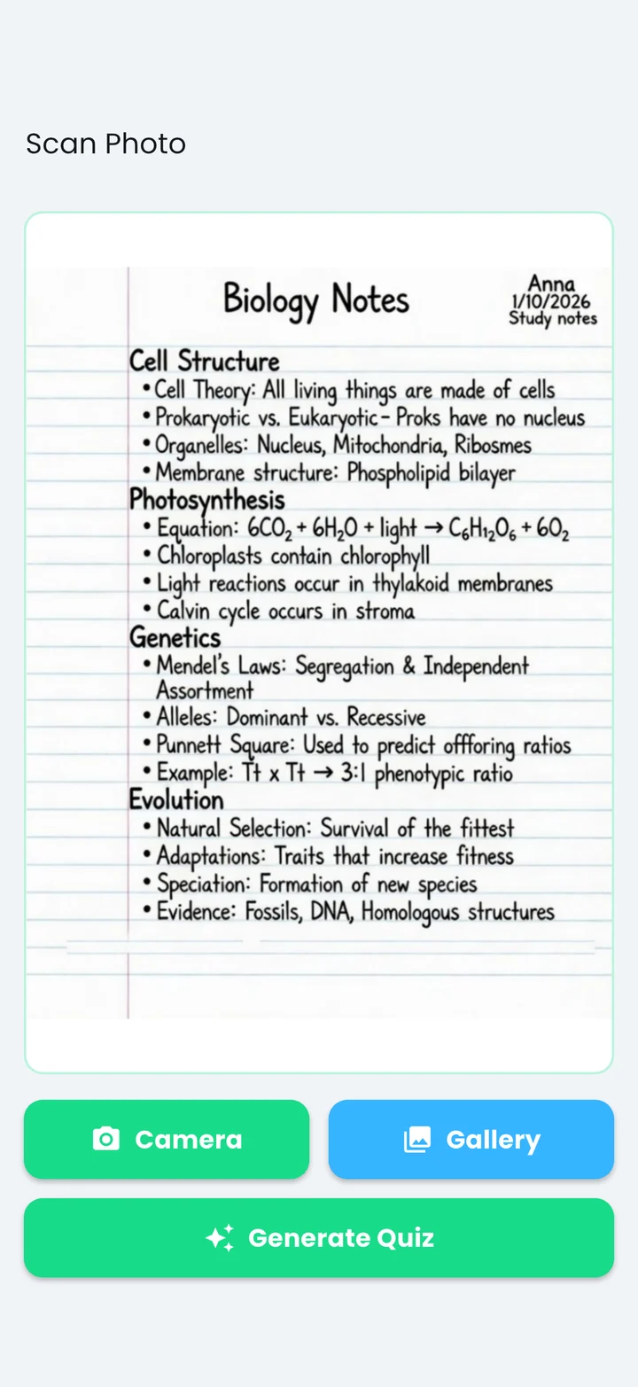 Quizziz Scan Photo screen with a prepared Biology Notes image
